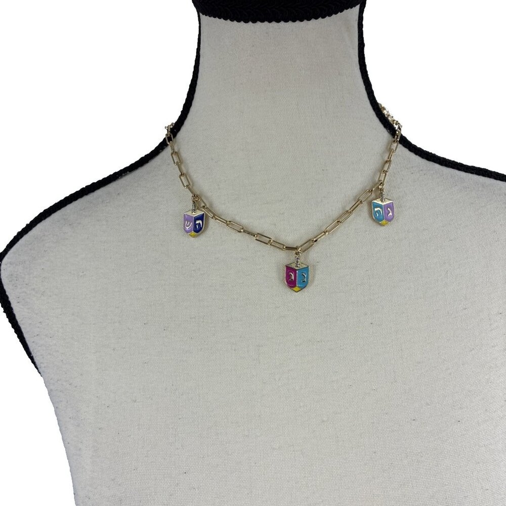 Sugarfix BaubleBar Hanukkah Dreidel Charm Necklace Gold Colorful New